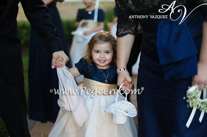 Flower Girl Dresses in Navy Blue and creme silk