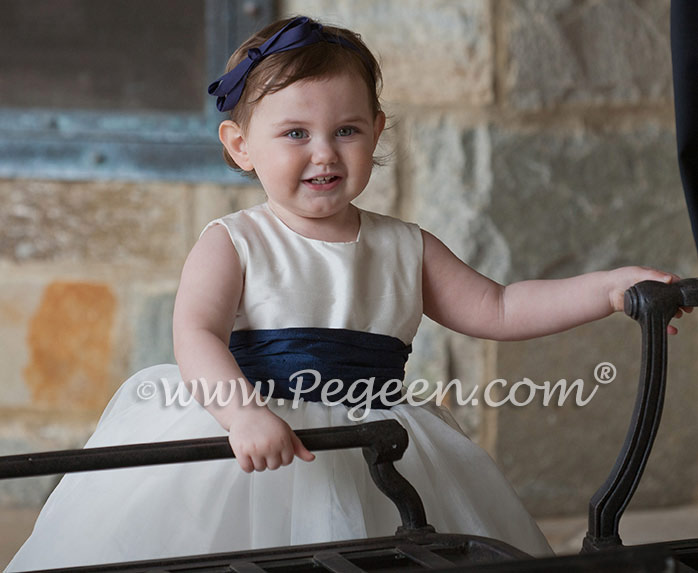 Silk Flower Girl Dresses of the Month in Navy for a Jr. Bridesmaid and Toddler