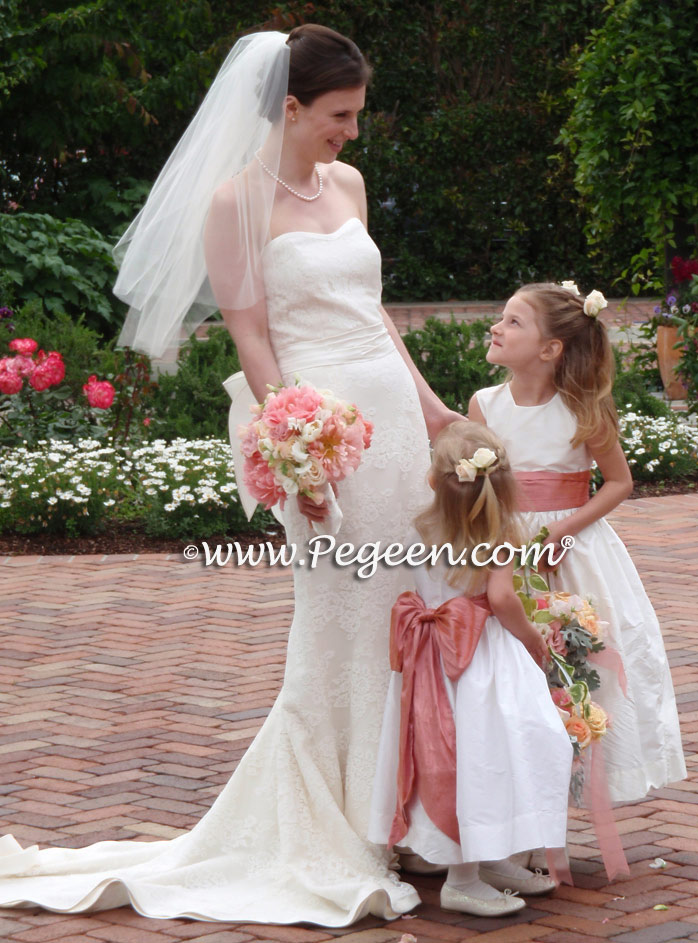 New Ivory and Coral Rose Flower Girl Dresses Style 398 by Pegeen