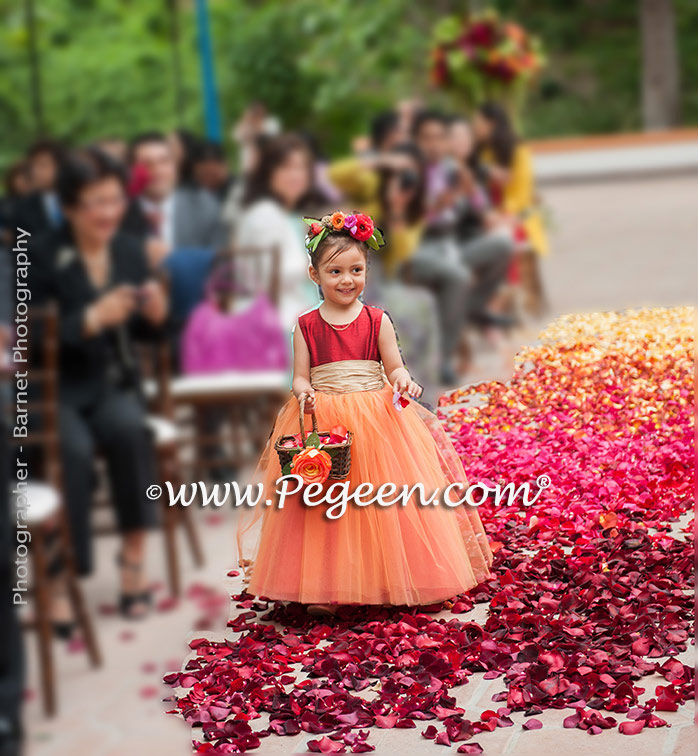 Melon, Claret Red and Pure Gold tulle ballerina FLOWER GIRL DRESSES - Degas style