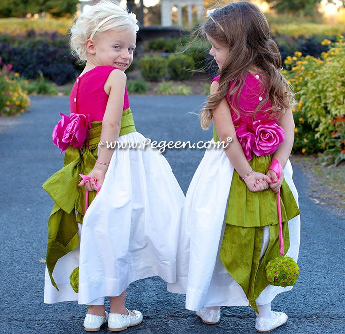 raspberry, white and grass green silk flower girl dresses