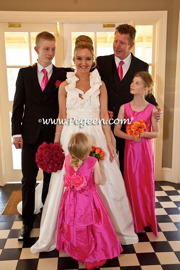 Custom Flower Girl Dresses Style 383 in Hot Pink Shock with matching Jr. Bridesmaid Style 320