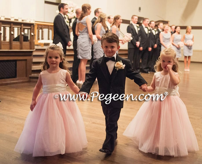 Pink and champagne pink tulle and silk flower girl dresses Style 356