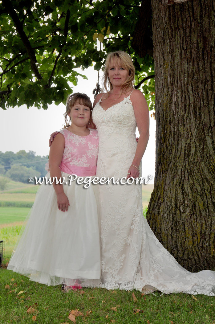 Couture pink and white silk flower girl dress