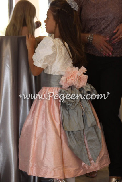 Antique White and Hibiscus Pink and Morning Gray Flower Girl Dress silk flower girl dresses