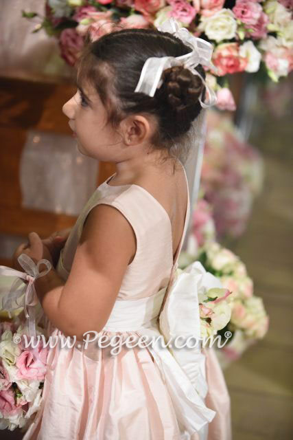 Solid Peony Pink Silk Tea Length Flower Girl Dresses with V-Back | Pegeen