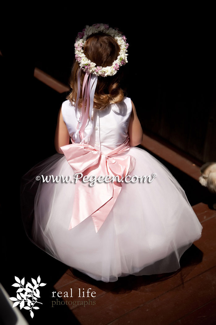 Couture pink and white silk flower girl dress Style 402