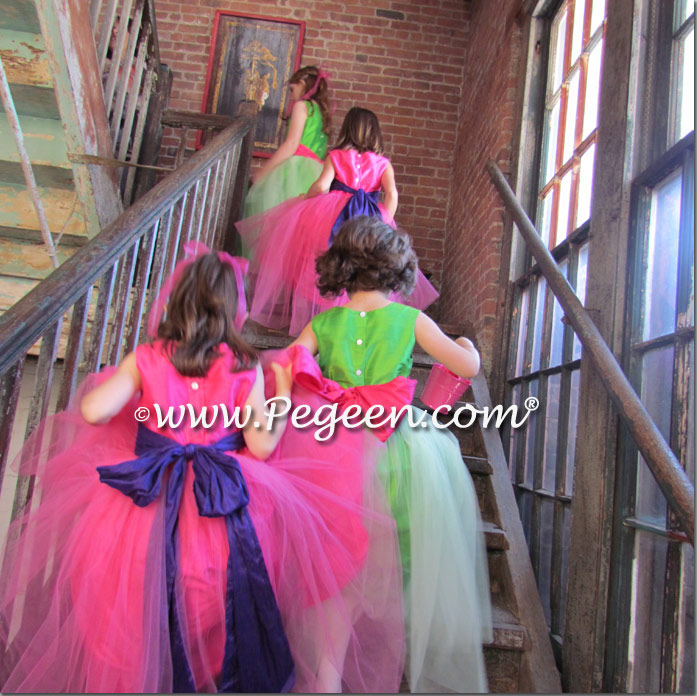Shock Pink, Royal Purple and Key Lime Green Flower girl dresses