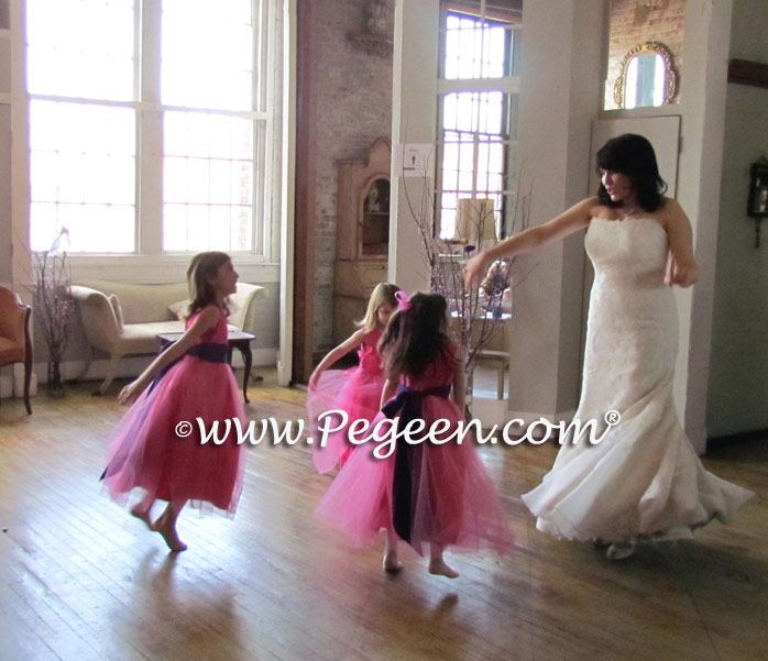 Shock Pink, Royal Purple and Key Lime Green Flower girl dresses