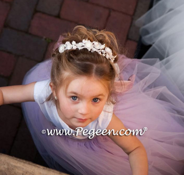 Light Plum Tulle and Bisque Silk Flower Girl Dress- Pegeen Couture Style 402 with layers and layers of tulle