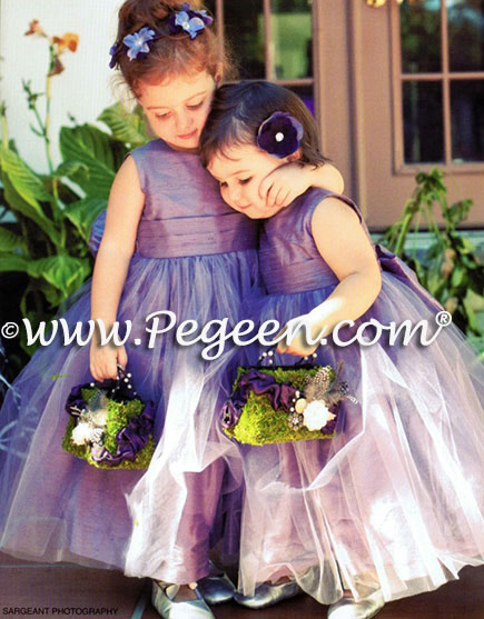 Flower girl dresses in Eurolilac silk with matching tulle - Pegeen Couture Style 402