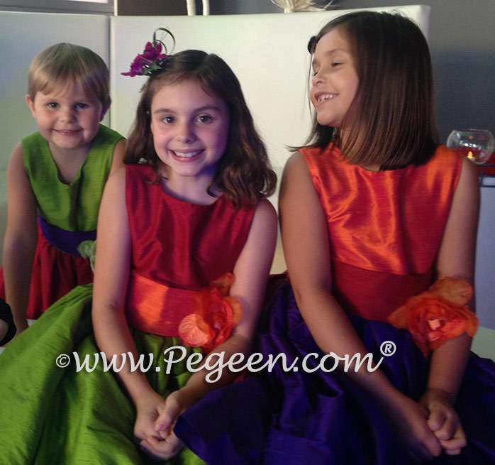 Mango, Lipstick Pink, Grass Green and Royal Purple flower girl dresses in silk style 404