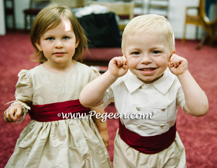 Toffee (light creme) and Cranberry flower girl dresses