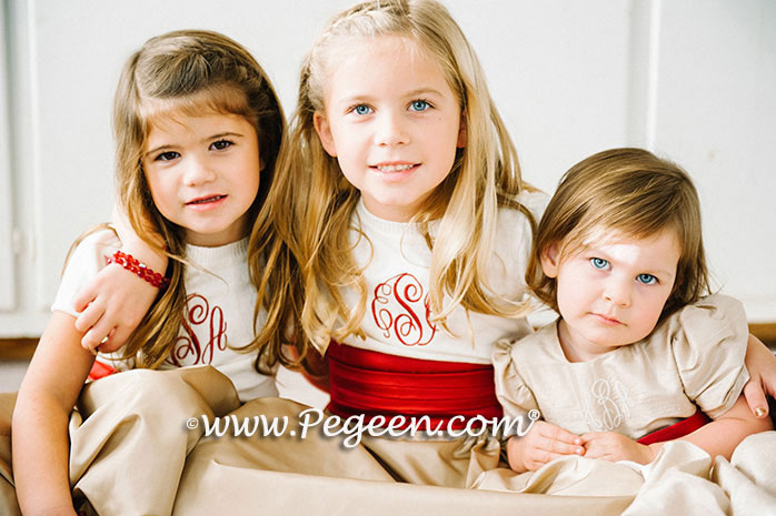 Monogrammed Red and Toffee Creme flower girl dresses Style 345