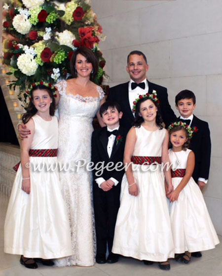 Red Plaid and New Ivory Silk Flower Girl Dresses