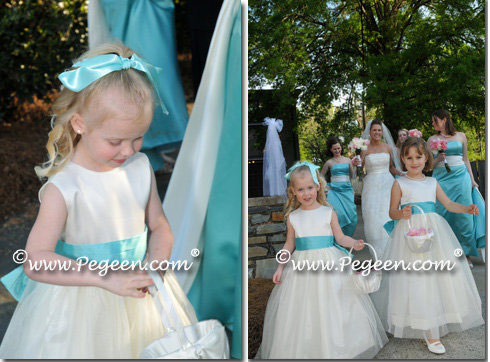 pond blue and new ivory tulle flower girl dresses Style 394