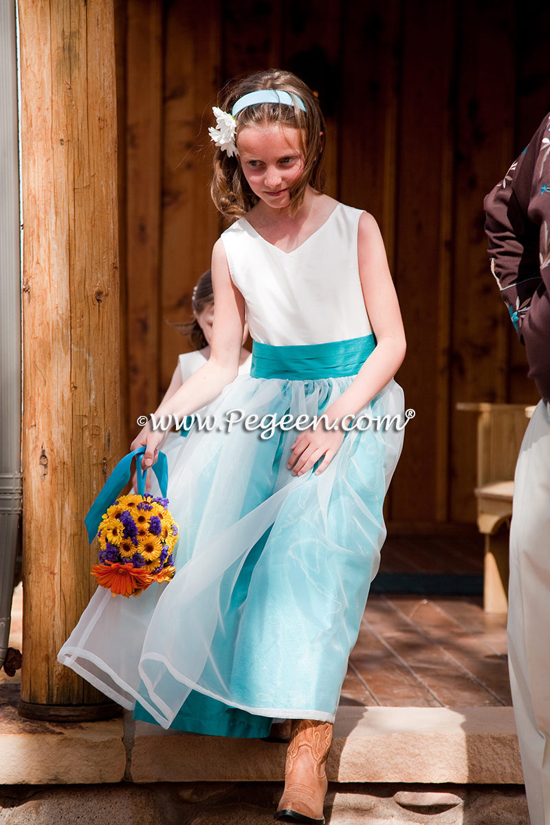  Antique White & Turquoise Organza and Silk flower girl dresses