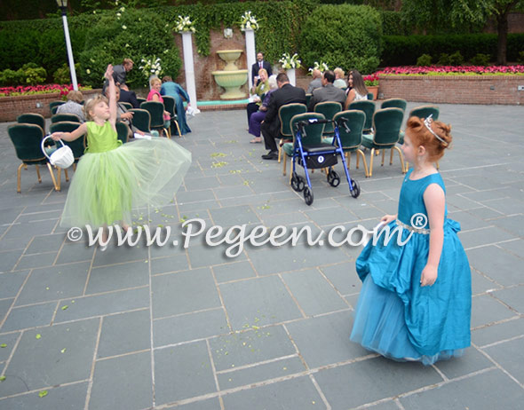 Pegeen Couture Style 603 flower girl dresses in Mosaic (teal) and apple green tulle