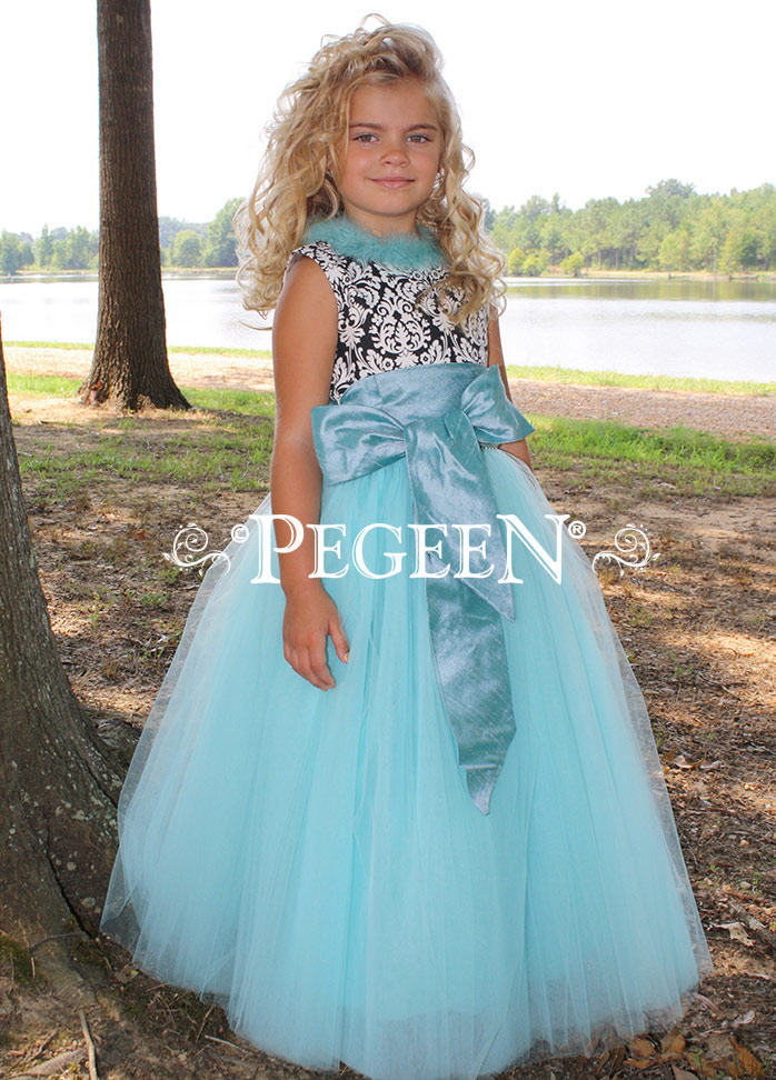 FLOWER GIRL DRESSES in black and white damask and tiffany blue