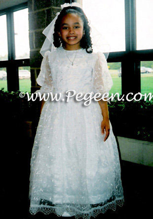 First Communion Dress in embroidered organza, sequins and tulle