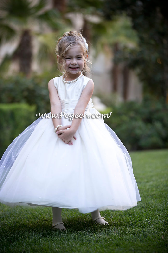 Antique White Dew Drop and Crystal tulle flower girl dress