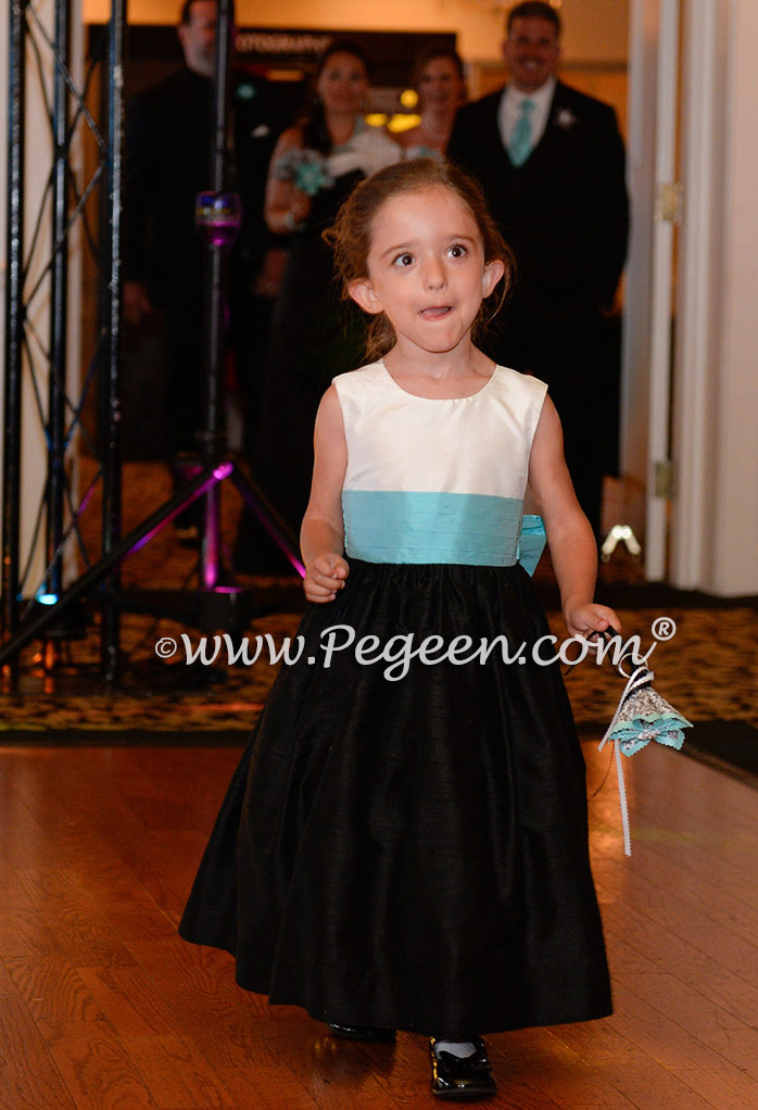 Custom Silk Flower Girl Dress in black, white and aqua blue