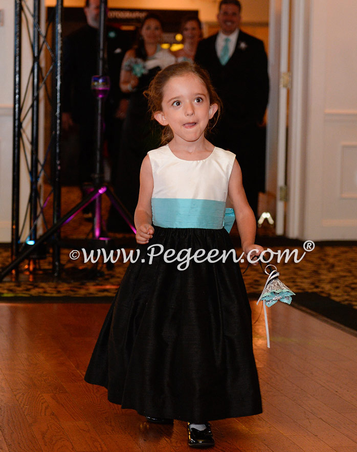 Black and white and tiffany blue custom silk flower girl dresses Pegeen Style 398