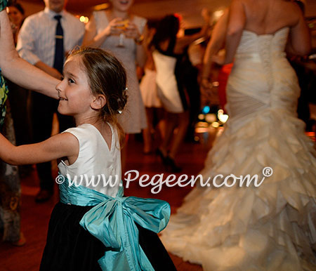 FLOWER GIRL DRESSES in Tiffany blue (Bahama Breeze), Black and Antique White Pegeen Classic Style 398