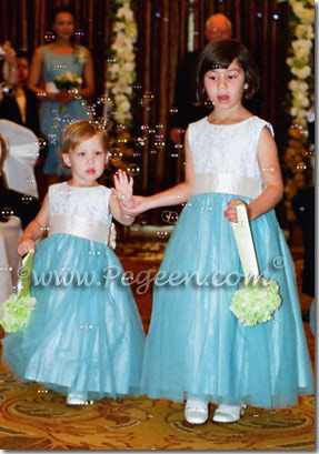 cloud blue and pink aloncon lace tulle flower girl dresses