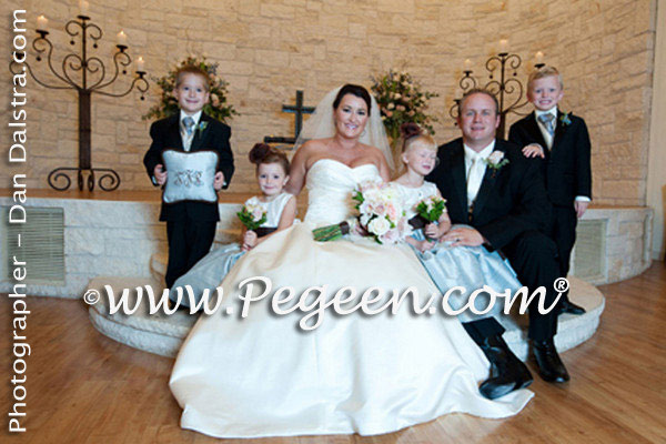 Semi-sweet brown and Caribbean Blue flower girl dresses with back roses on bustle