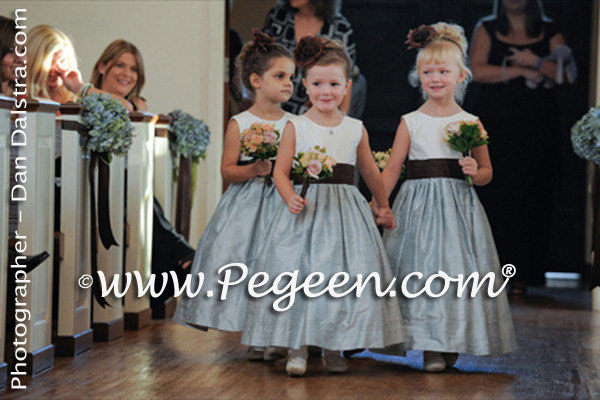 Semi-sweet brown and Caribbean Blue flower girl dresses with back roses on bustle