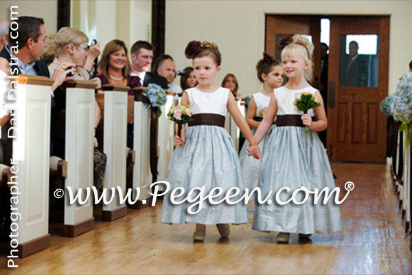 Semi-sweet brown and Caribbean Blue flower girl dresses with back roses on bustle