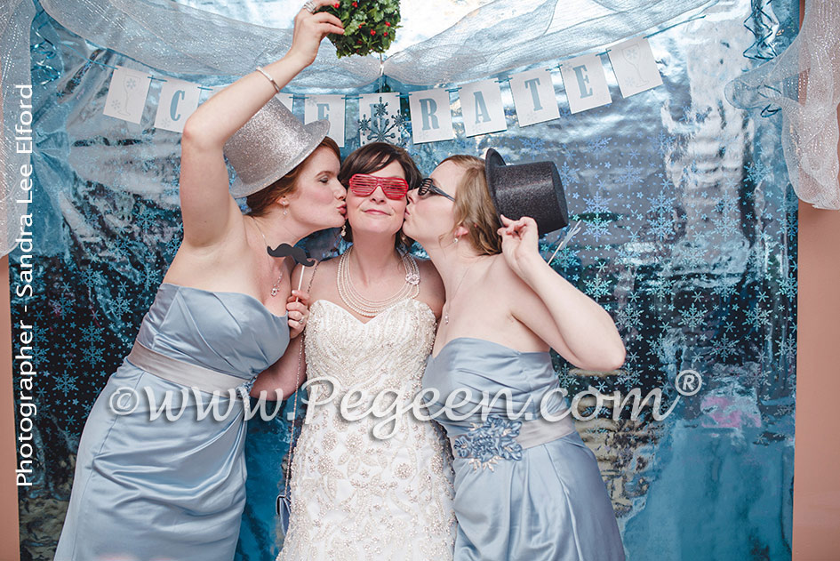 Custom Flower Girl Dresses Style 402 in powder blue silk with a Cinderella sash and glitter tulle in silver