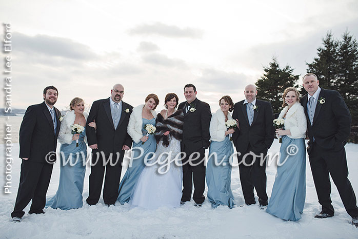 Custom Flower Girl Dresses Style 402 in powder blue silk with a Cinderella sash and glitter tulle in silver