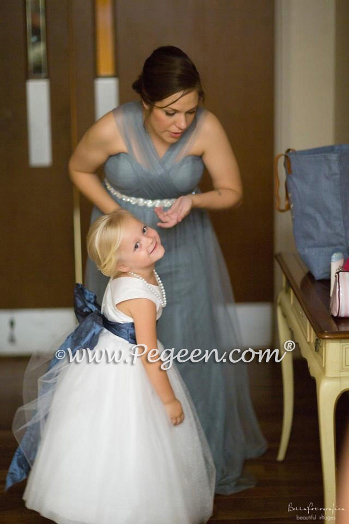 Antique White and Arial Blue Silk Flower Girl Dresses - Pegeen Couture Style 402