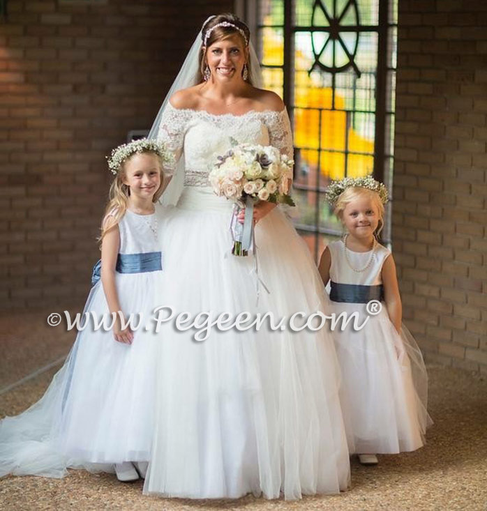 Antique White and Arial Blue Silk Flower Girl Dresses - Pegeen Couture Style 402