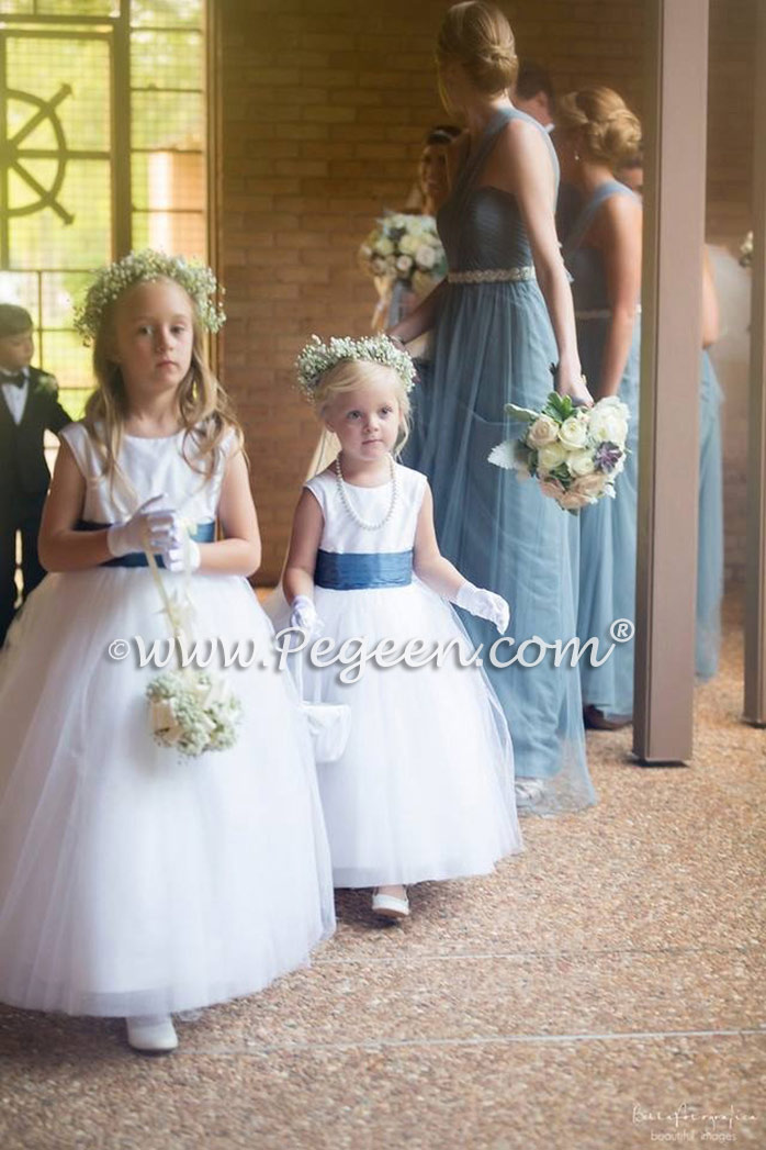 Antique White and Arial Blue Silk Flower Girl Dresses - Pegeen Couture Style 402