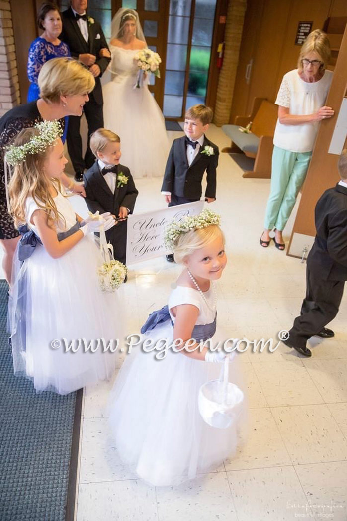 Antique White and Arial Blue Silk Flower Girl Dresses - Pegeen Couture Style 402