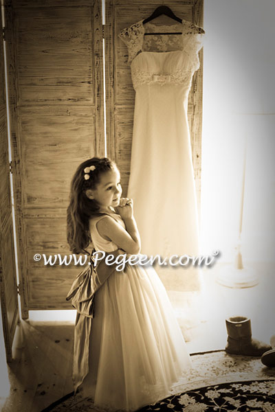 Flower girl dresses 402 in champagne tulle and deflt blue and new ivory silk