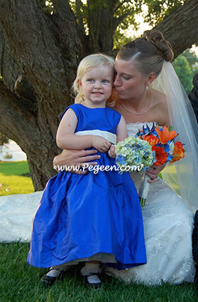 Flower Girl Dress in Malibu Blue and Antique White sash - Pegeen Classic 398