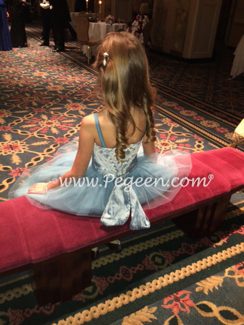 Silk Flower Girl Dress style 413 in tulle and aloncon lace in cadet blue worn for the New York Debutante Ball