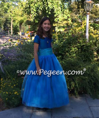 FLOWER GIRL DRESSES in Peacock Silk with turquoise sash and tulle skirt