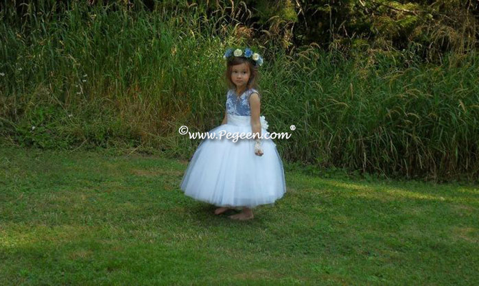 Navy and white aloncon lace and tulle flower girl dresses