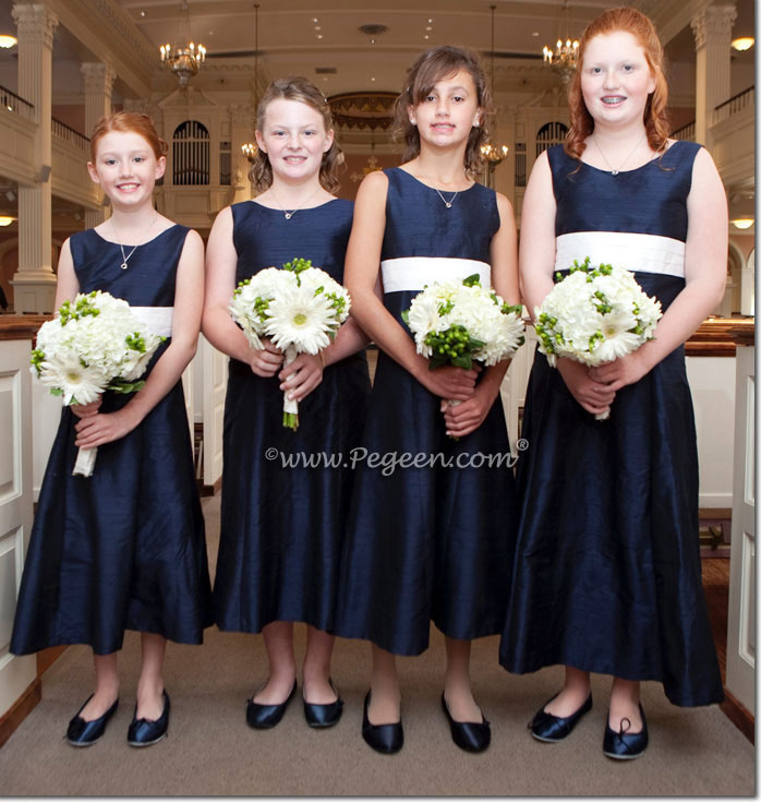 Navy silk junior bridesmaids dresses - Pegeen Style 320 in short length
