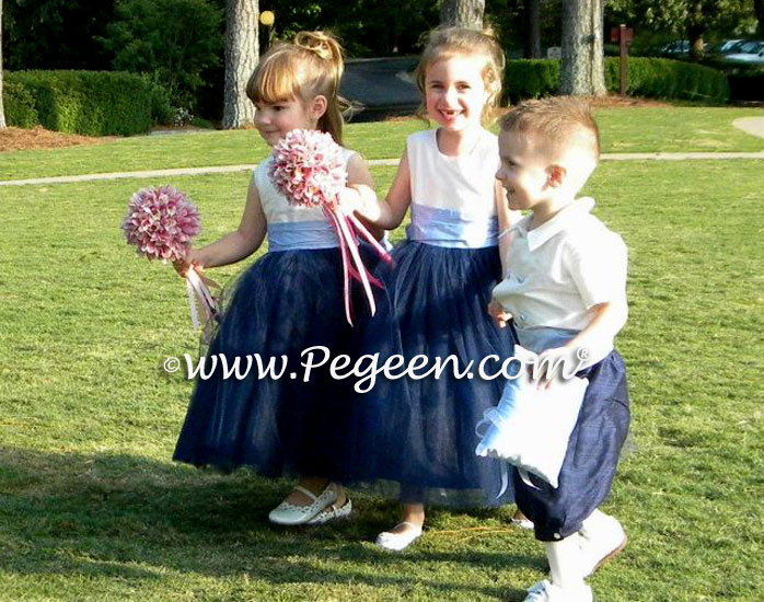 Bisque, Wisteria and navy blue flower tulle girl dress style 402 with Ring Bearer style 509