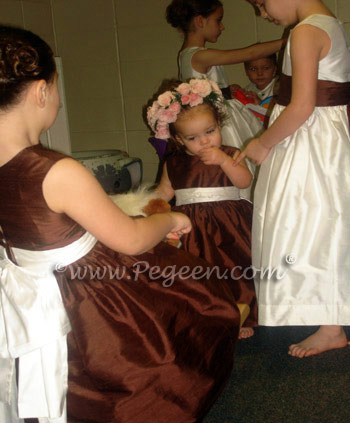 Flower Girl Dresses in Chocolate and Antique White in Style 345 and Boys Ringbearer Style 509