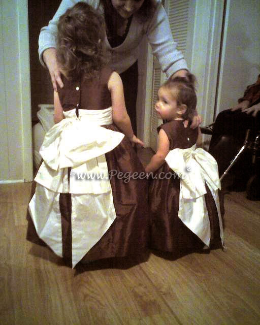 Flower Girl Dresses in Chocolate and Antique White in Style 345 and Boys Ringbearer Style 509