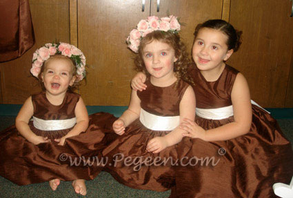 Flower Girl Dresses in Chocolate and Antique White in Style 345 and Boys Ringbearer Style 509