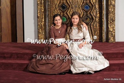 Brown and silver Bat Mitzvah dresses with puddle skirt