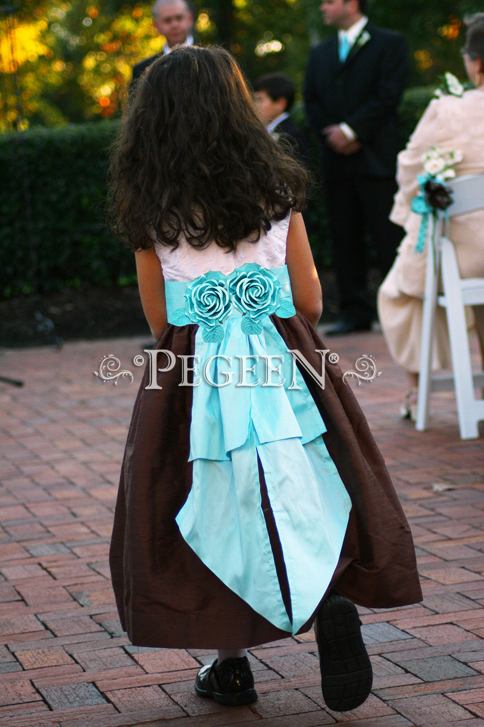 Tiffany blue (pond) and chocolate brown flower girl dresses